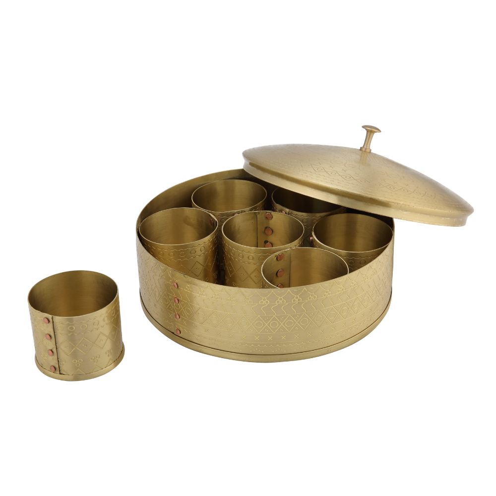 LaCoppera Premium Brass Dome Shape Masala Box | 7 Containers | Golden | 9 inch