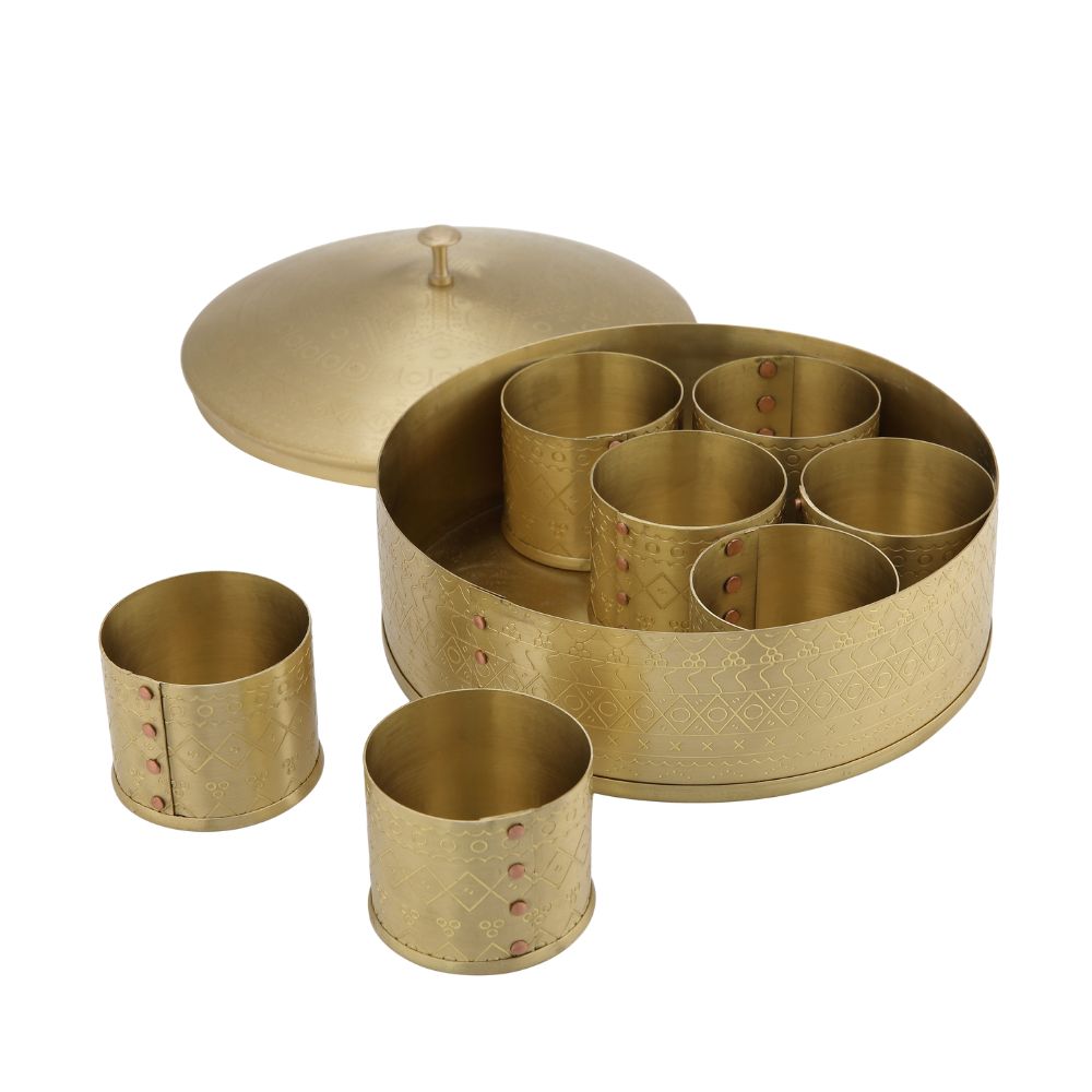 LaCoppera Premium Brass Dome Shape Masala Box | 7 Containers | Golden | 9 inch