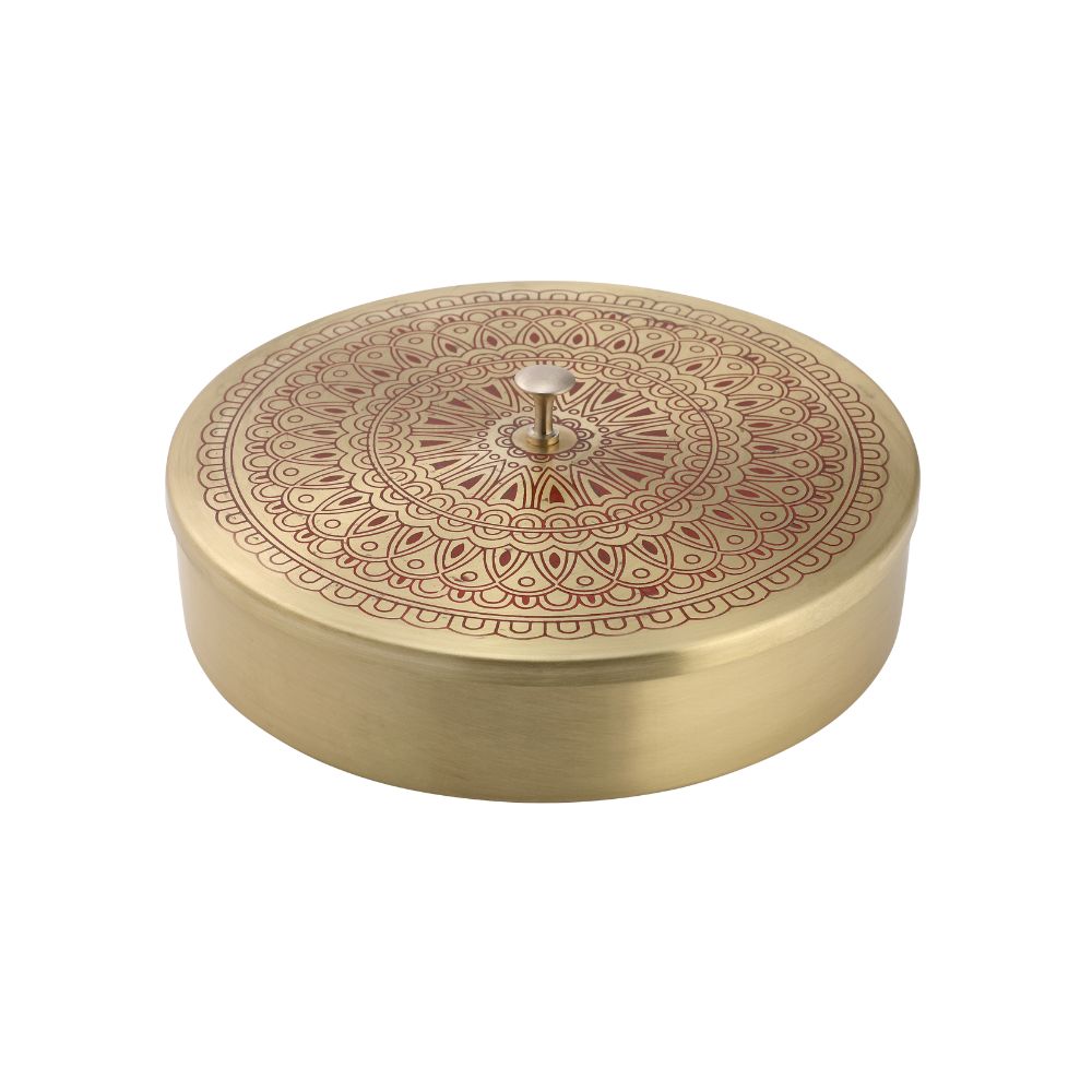 LaCoppera Mandala Radiance Design Premium Brass Masala Box | 7 Containers | Golden | 7 inches