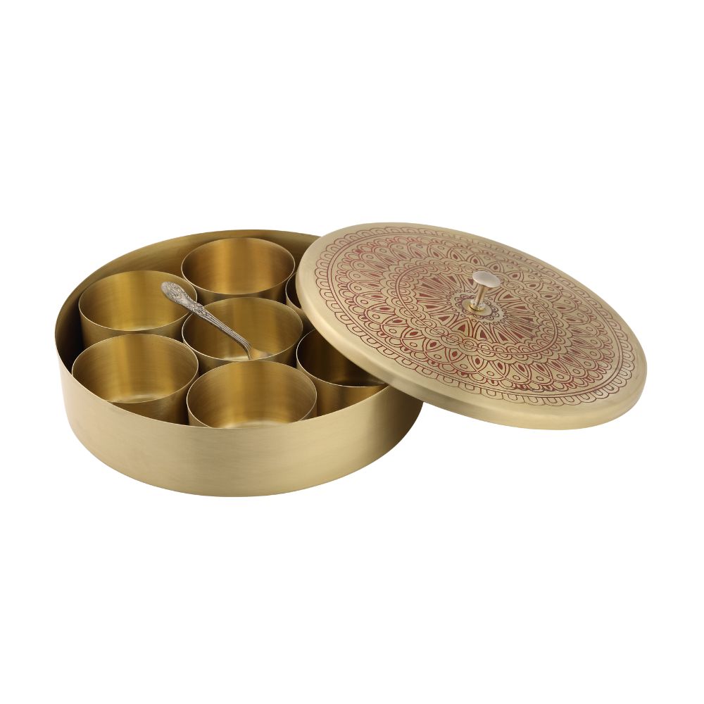 LaCoppera Mandala Radiance Design Premium Brass Masala Box | 7 Containers | Golden | 7 inches