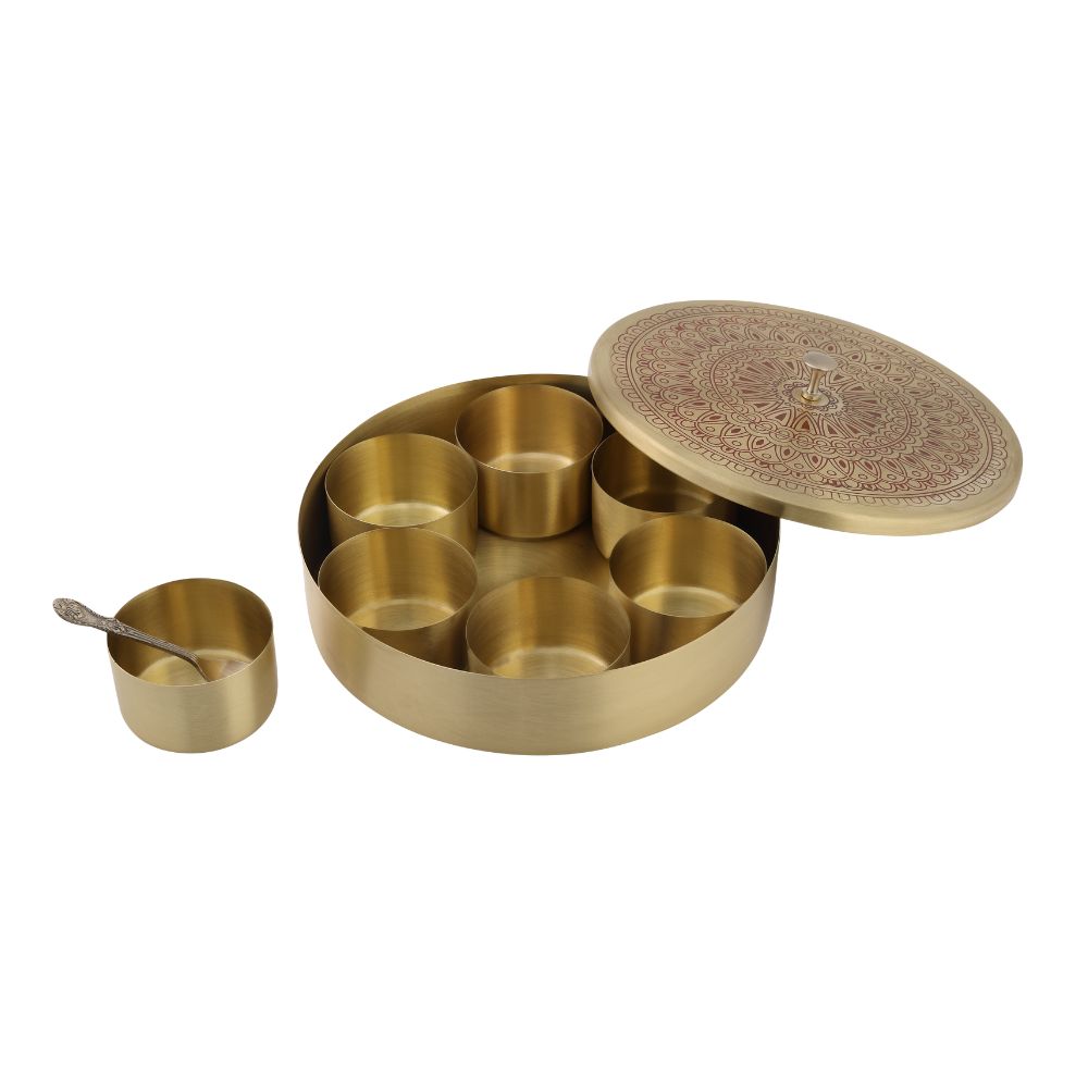 LaCoppera Mandala Radiance Design Premium Brass Masala Box | 7 Containers | Golden | 7 inches