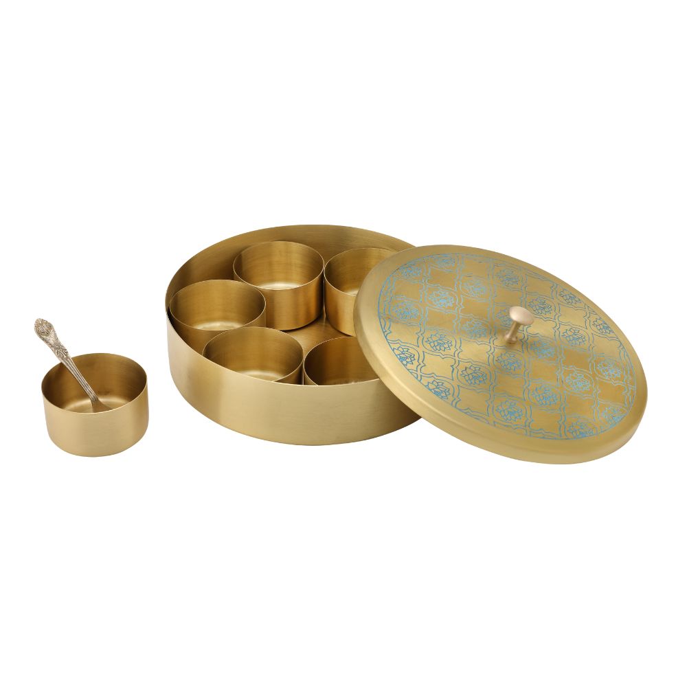 LaCoppera Premium Brass Lotus Harmony 8 Inch Masala Box | 7 Containers & 1 Spoon | Golden