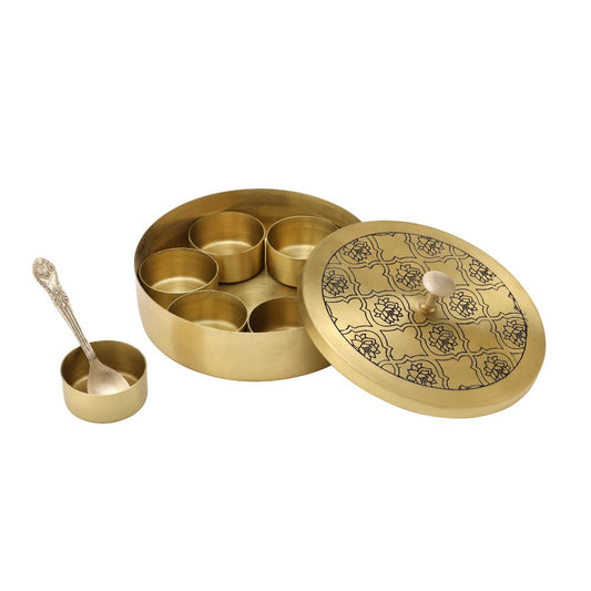 LaCoppera Premium Brass Lotus Harmony 5 Inch Masala Box | 7 Containers & 1 Spoon | Golden