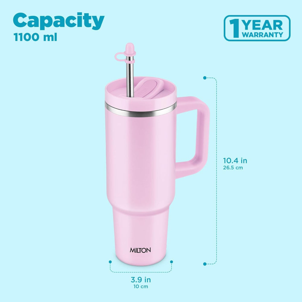 Milton Thermosteel Malmo 1100 ML Tumbler with Handle | Travel Mug with Straw | 1 Pc