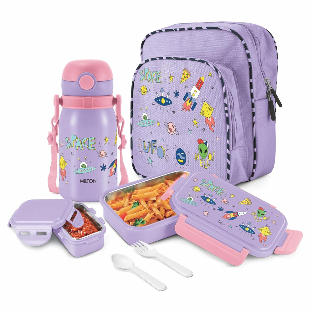 Milton Snackie Mate Tiffin Set | Backpack Set with Stainless Steel Lunch Box and Sipper Bottle | Set of 3 Pcs
