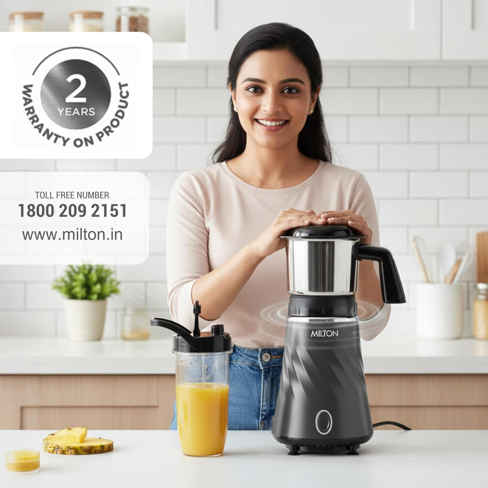 Milton MiniQ Mini Bullet 350 Watts Mixer Grinder with 2 Multipurpose Jar | SS Jar & On-the-Go Jar