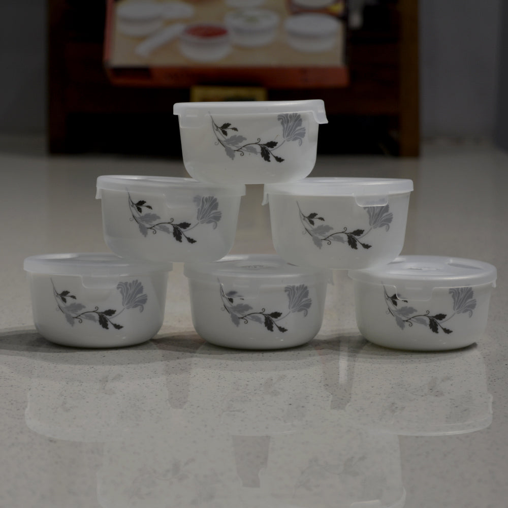 Larah by Borosil Opalware Katori with Lid | 6 Bowls and 6 Lids