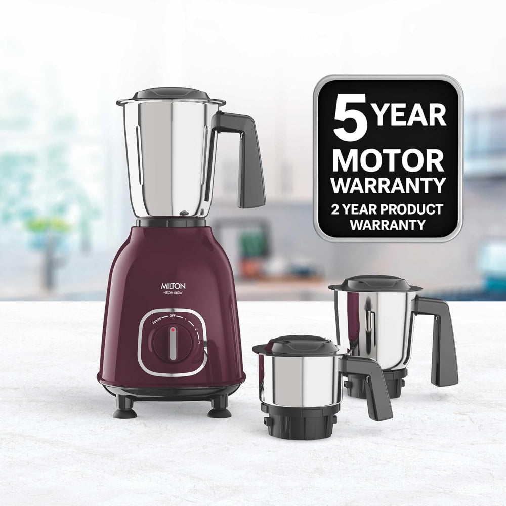 Milton Neom 550 Watts Mixer Grinder with 3 Jars | Purple