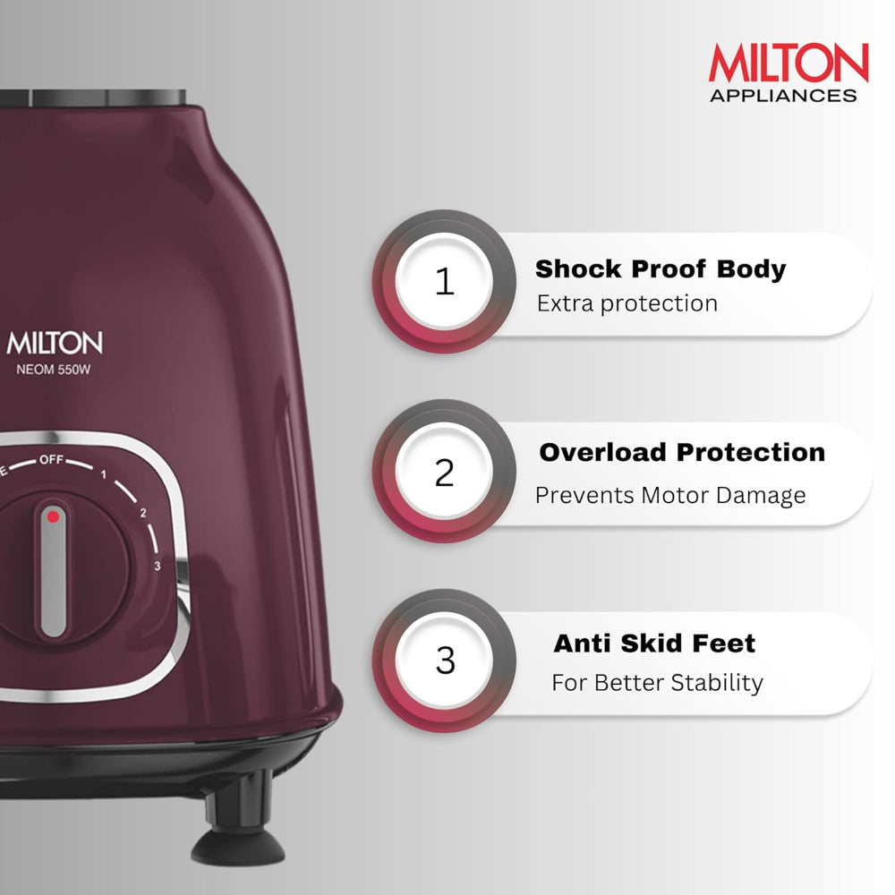 Milton Neom 550 Watts Mixer Grinder with 3 Jars | Purple