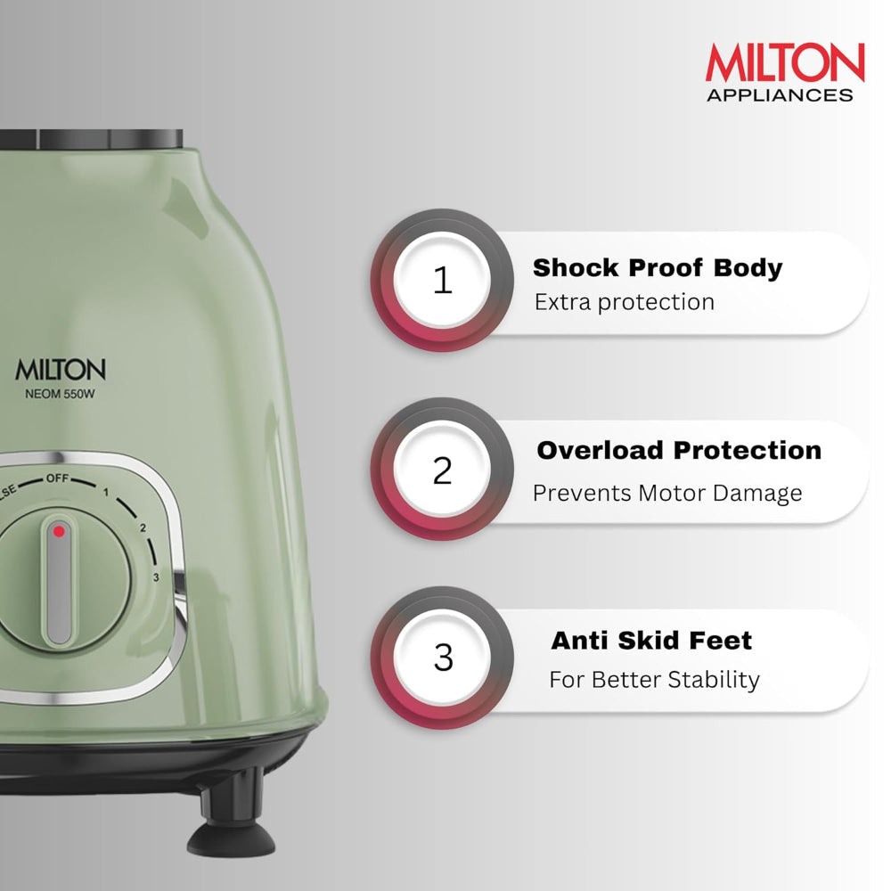 Milton Neom 550 Watts Mixer Grinder with 3 Jars | Pale Green