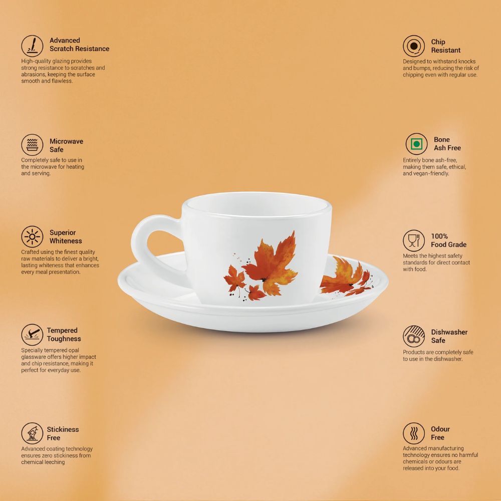 Treo Ophelia Collection Mapelle Opalware 13 CL Cup Saucer Set | Set of 12 Pcs