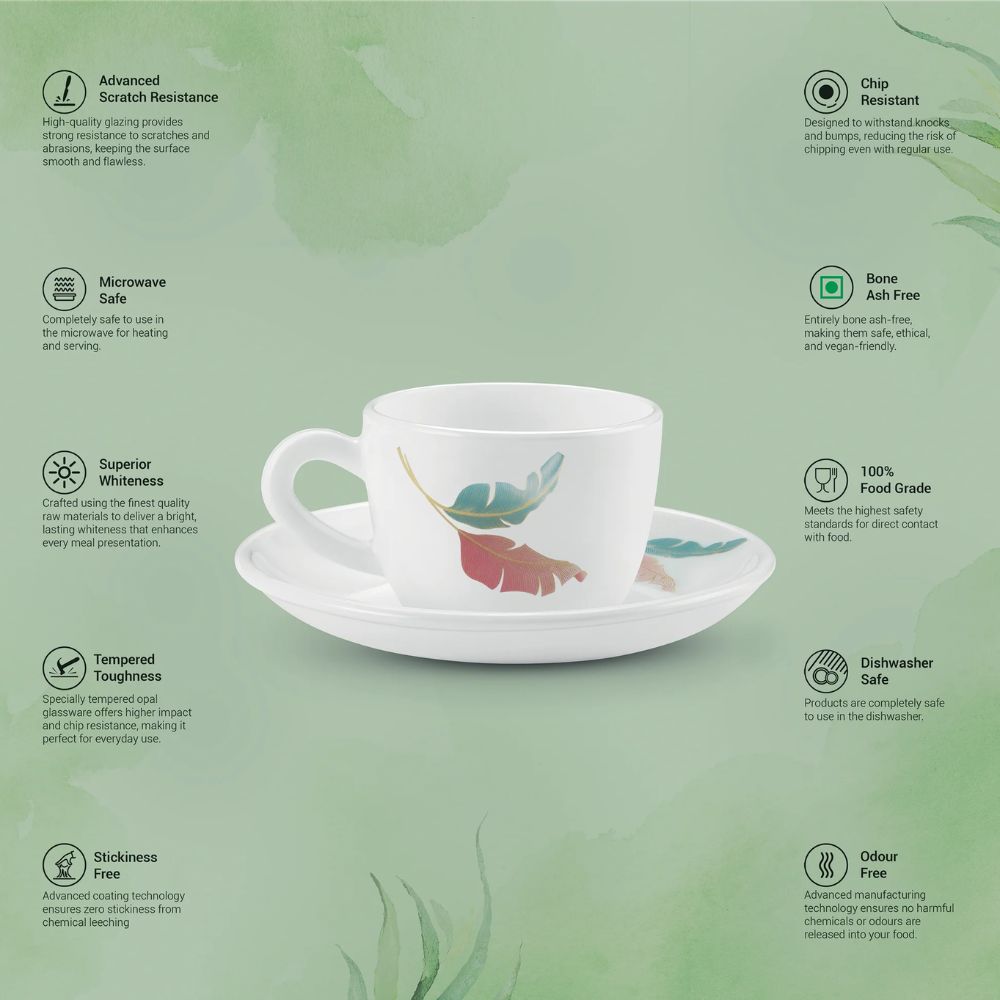 Treo Ophelia Collection Palma Opalware 13 CL Cup Saucer Set | Set of 12 Pcs