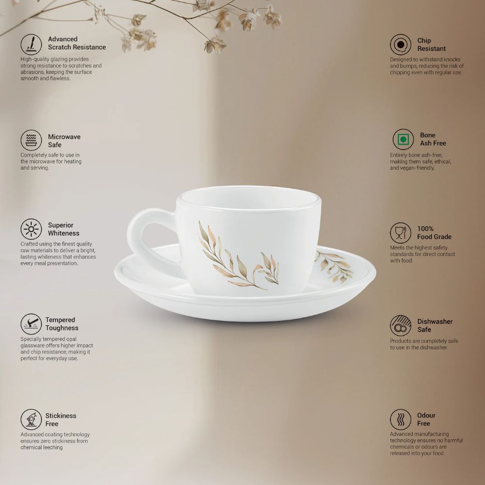 Treo Ophelia Collection Selene Opalware 13 CL Cup Saucer Set | Set of 12 Pcs