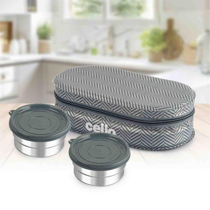 Cello Stainless Steel Quick Lunch Deluxe 2 Container Lunch Box | Insulated Fabric Jacket