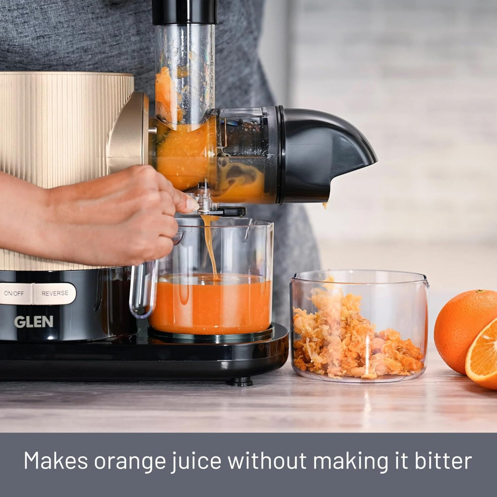 Glen Cold Press 150 Watts Slow Juicer with Anti Drip Feature | Juice and Pulp containers Low Noise | Brown