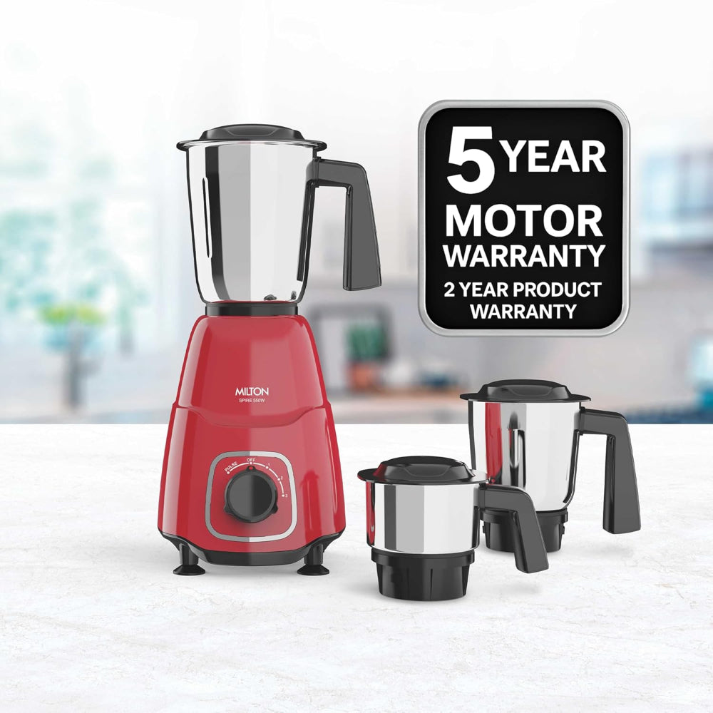 Milton Spire 550 Watts Mixer Grinder with 3 Jars | Red