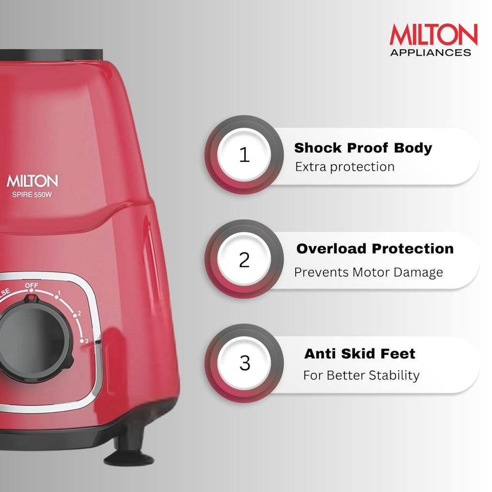 Milton Spire 550 Watts Mixer Grinder with 4 Jars | Red