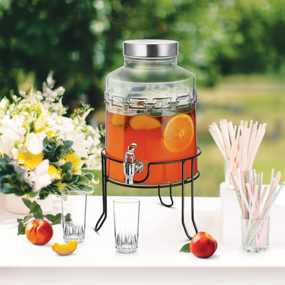 Treo Tropica Dispensing Jar With Steel Tap and Iron Stand | Glass | Transparent | 1 Pc