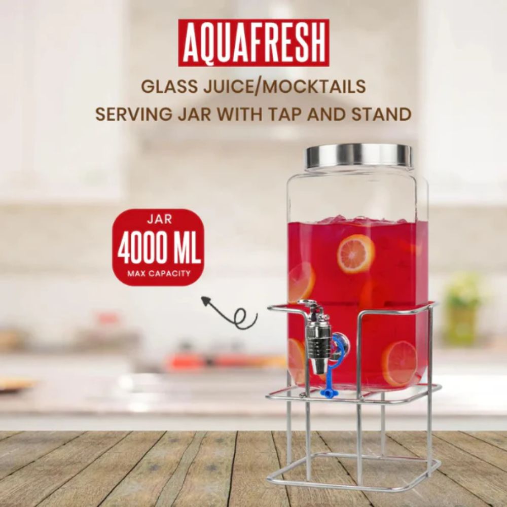 Yera Aquafresh 4 Litre Dispensing Jar With Steel Tap and Stand | Glass | Transparent