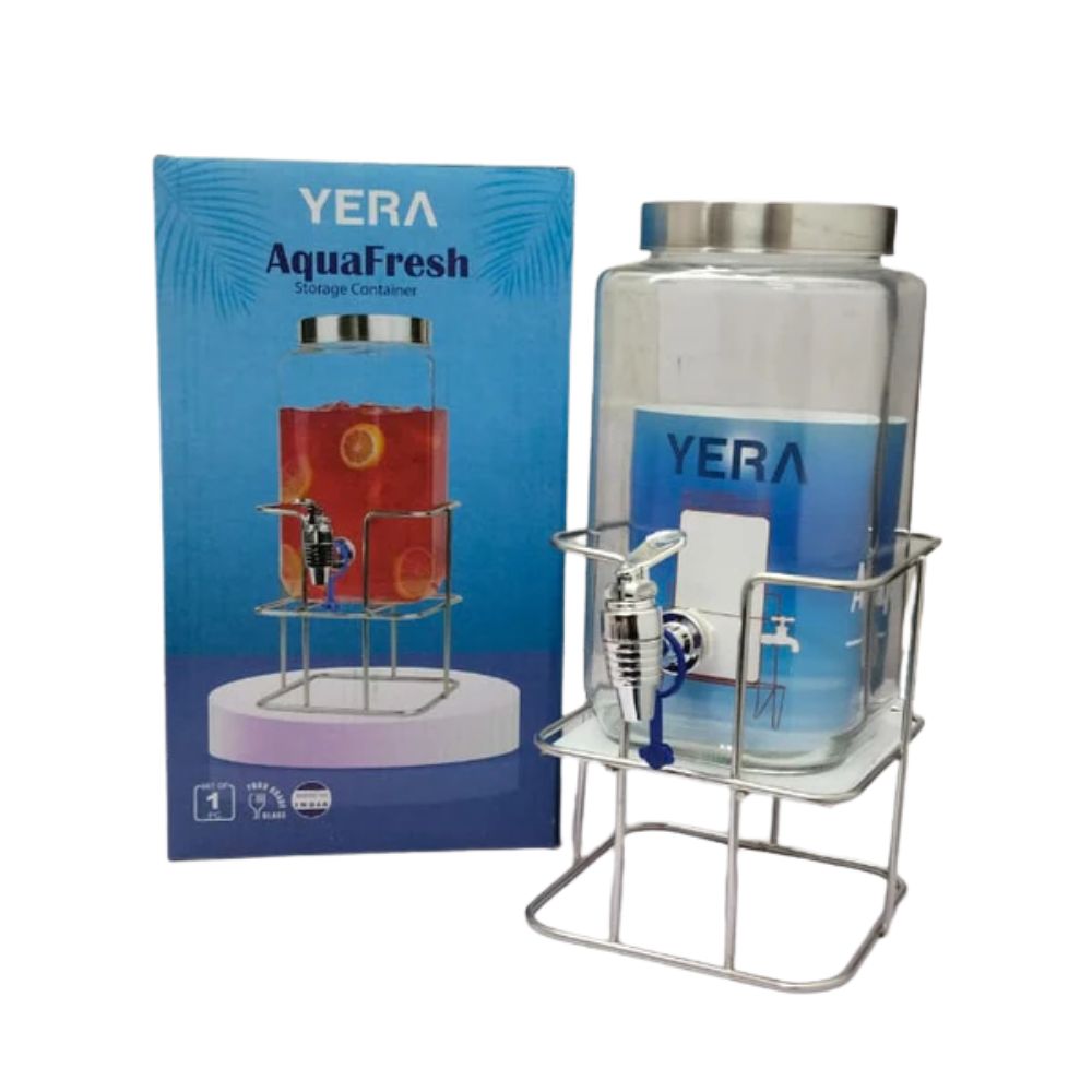 Yera Aquafresh 4 Litre Dispensing Jar With Steel Tap and Stand | Glass | Transparent