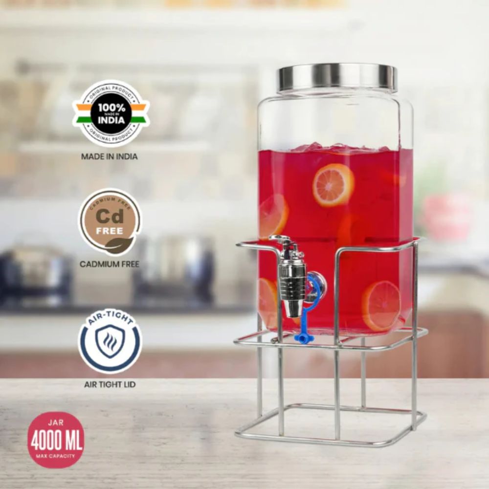 Yera Aquafresh 4 Litre Dispensing Jar With Steel Tap and Stand | Glass | Transparent