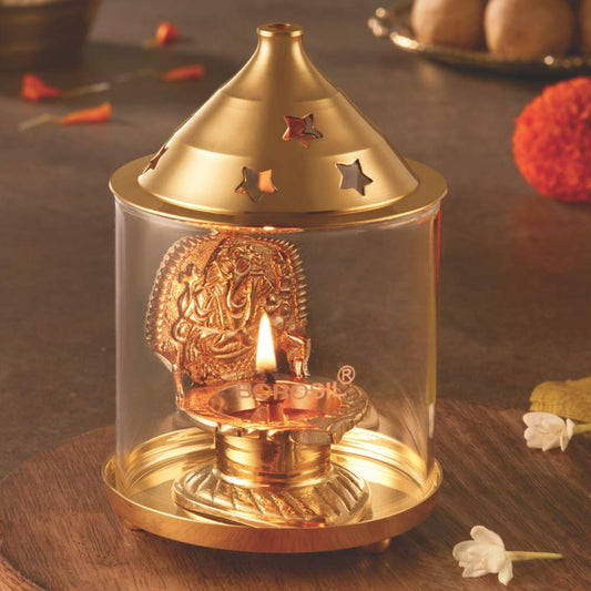 Borosil Shree Ganpati Large Brass Diya with Heat Resistant Glass Cover | Smokeless Long Burning Oil Lamp for Puja, Home Temple & Festivals | Easy Clean Brass Table Diya