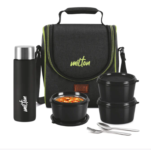 Milton Dazzle Lunch Tiffin Set Stylish, Convenient, and Practical – The Ultimate On-the-Go Meal Companion | 3 Container 1 Bottle | Black | Grey | Blue