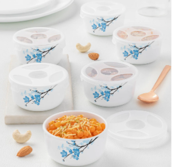 Larah by Borosil Opalware Katori with Lid | 6 Bowls and 6 Lids