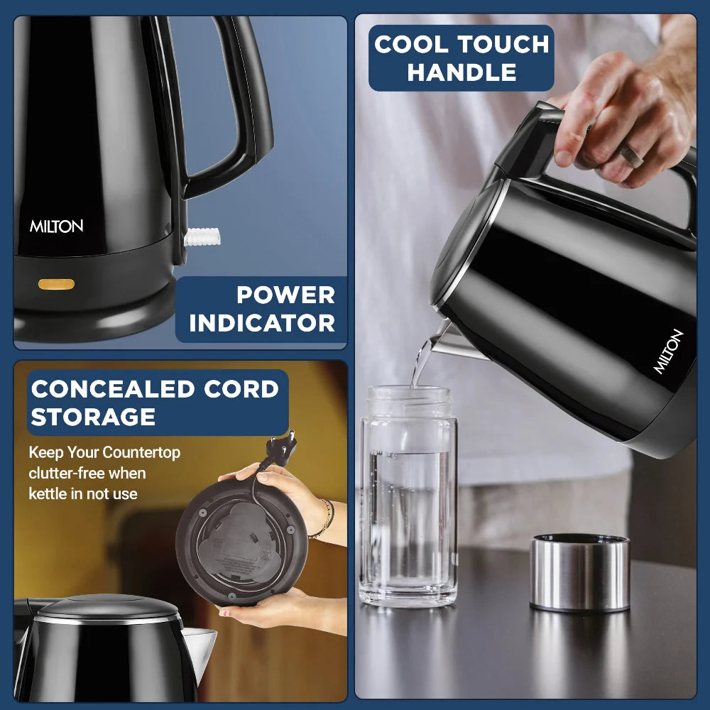 Milton Euroline Riga Electric 1.5 Litre 1500 Watts Stainless Steel Electric Kettle | Black