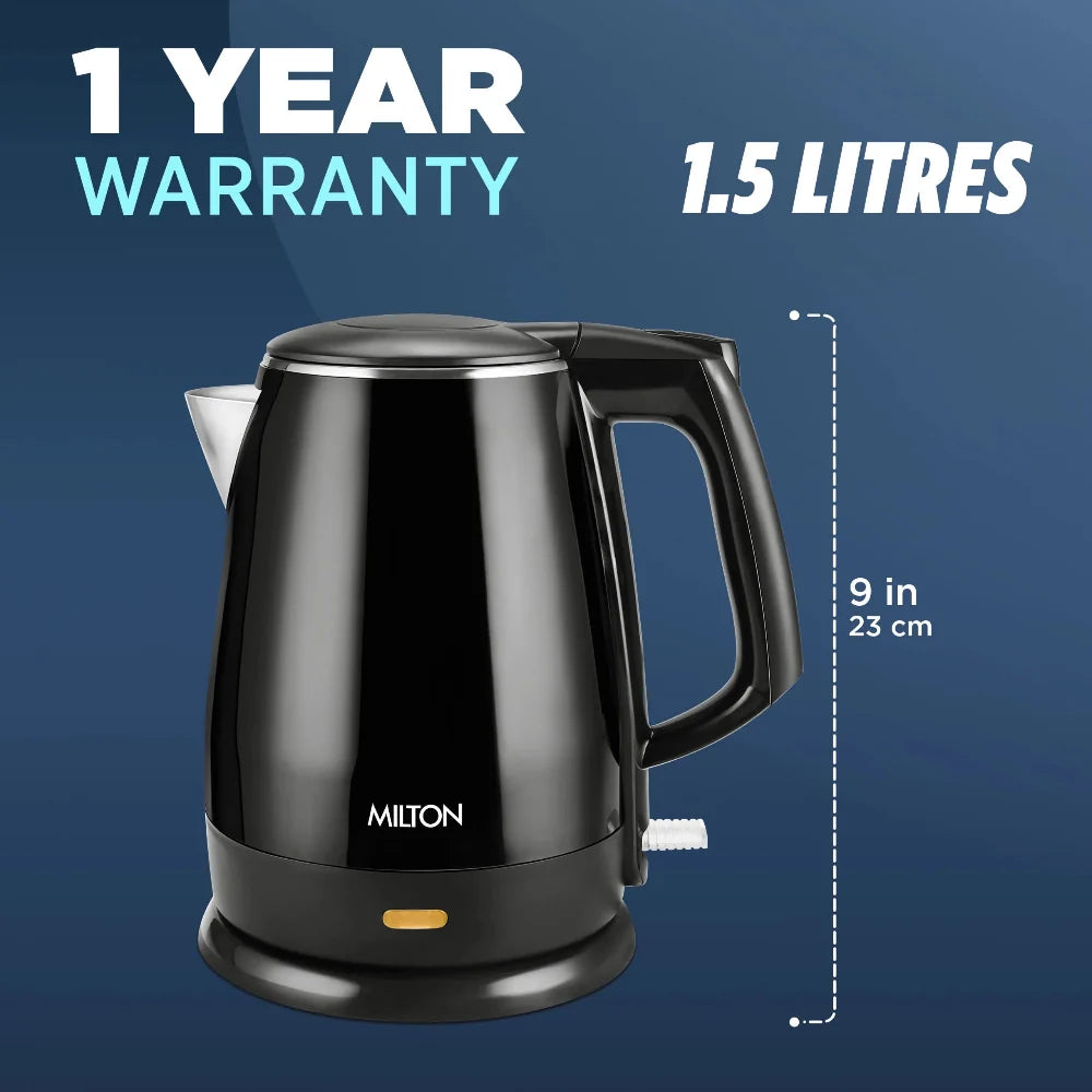 Milton Euroline Riga Electric 1.5 Litre 1500 Watts Stainless Steel Electric Kettle | Black