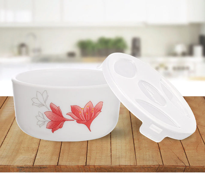 Larah by Borosil Opalware Katori with Lid | 6 Bowls and 6 Lids